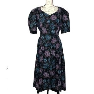 Vintage 80s Dark Garden Floral Puff Sleeve Dress Made in USA size 22W